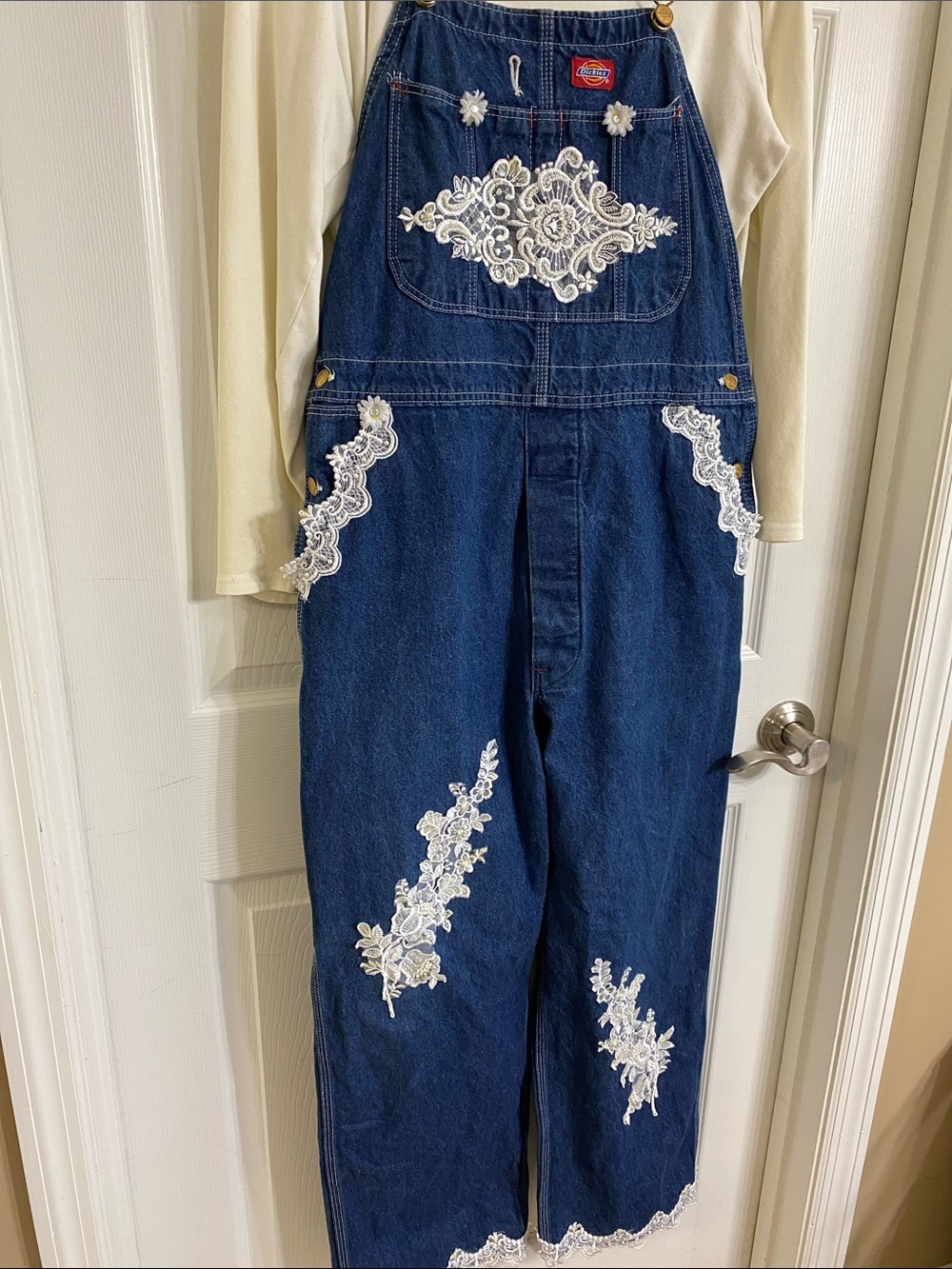 Embellished Dickies Navy Blue Denim Overalls with White Lace Appliqué